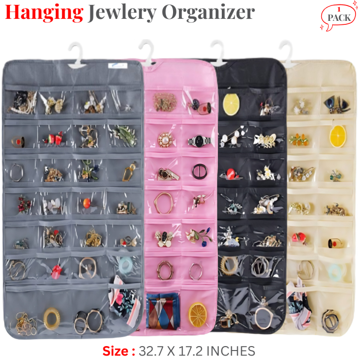 Hanging Jewelry Organizer, 80 Pocket Jewelry Chain Storage Bag Fabric Jewelry Organizer Holder for Necklace Bracelet Earring Ring Chain Knitting Tool