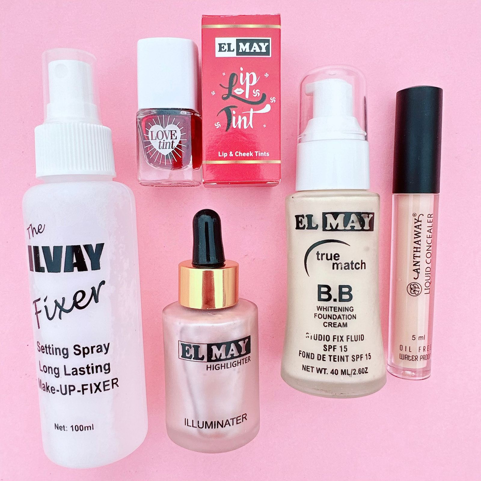 5PCS Makeup Cosmetic Deal, Foundation + Concealer + Fixer + Lip Tint + Highlighter + Beauty Blender