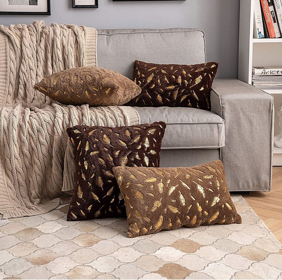 Dark Pink Gold Feather Pattern Plush Fur Cushion Cover Pillow Case Home