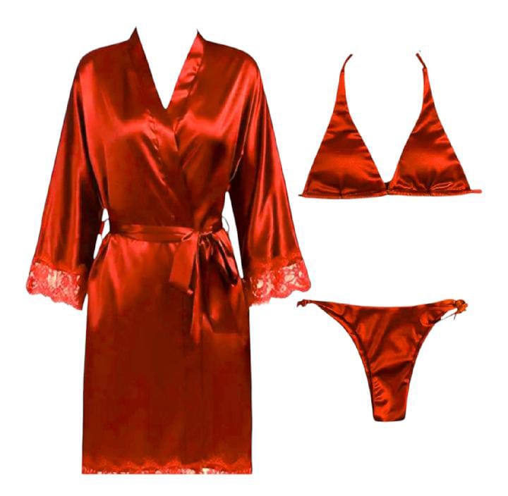 Women 3 Piece Saxy Nighty Sleepwear Silk Satin night dress Lingerie Set With Robe and Short Gown Bridal for Ladies and Girls for Night Wear Bra-Red