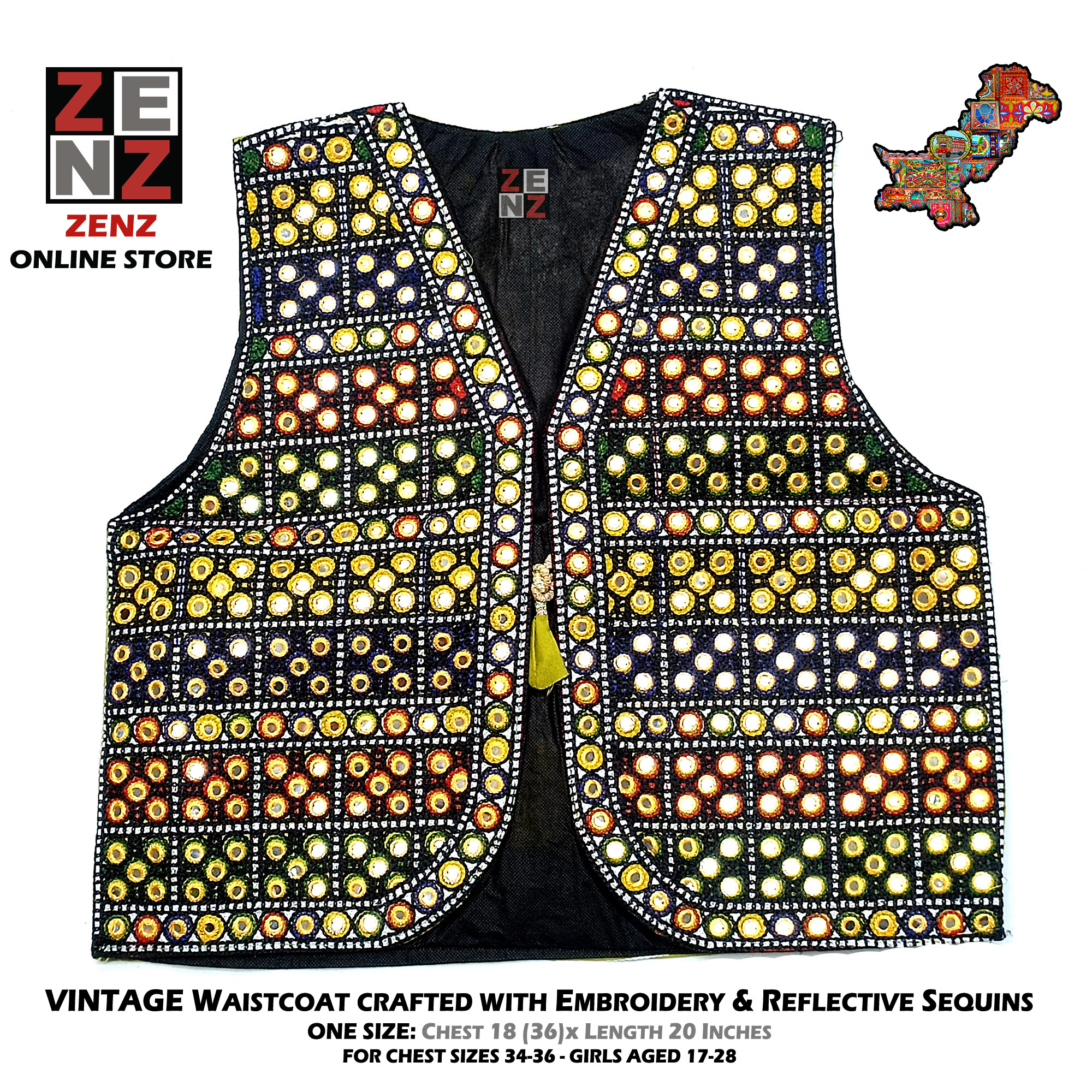 Pakistani Sindhi Balochi Pathan Kashmiri Traditional & Cultural Wear Waistcoat Koti Aari Embroidered Multicolor by ZENZ