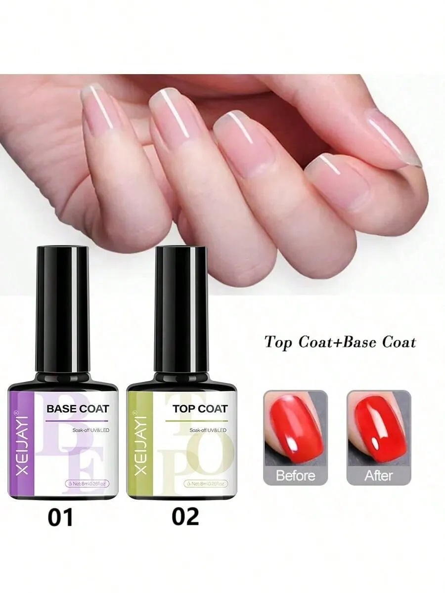 💅 XEIJAYI  2pcs 8ml Base Coat & No Wipe Top Coat UV/LED Soak Off Glossy Nail Gel Polish Sealer for Salon & DIY Manicure