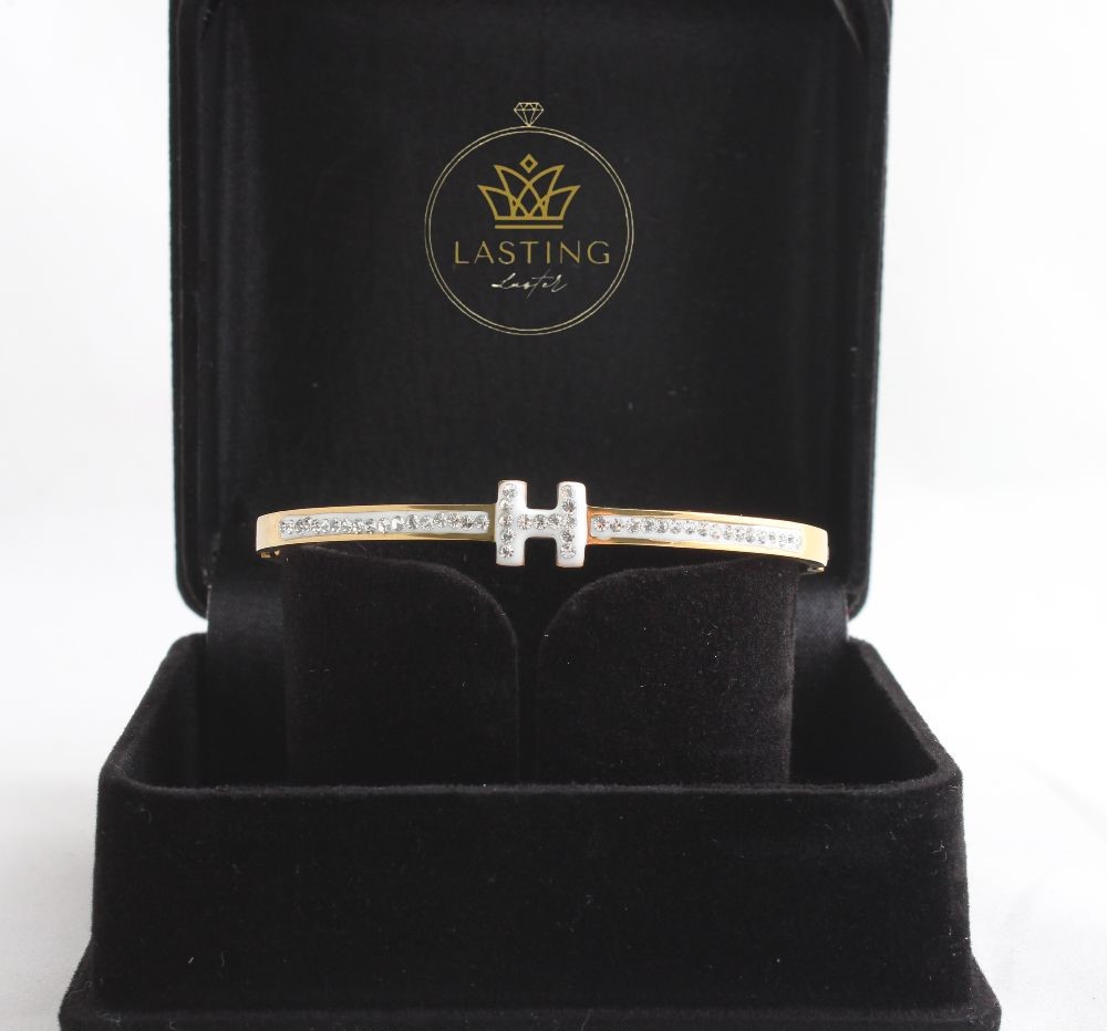 Crystal H Cuff Bracelet – Gold Plated Zircon Adjustable Bangle for Women | Elegant Fashion Jewelry| LL-BRC-327 | Lasting Luster