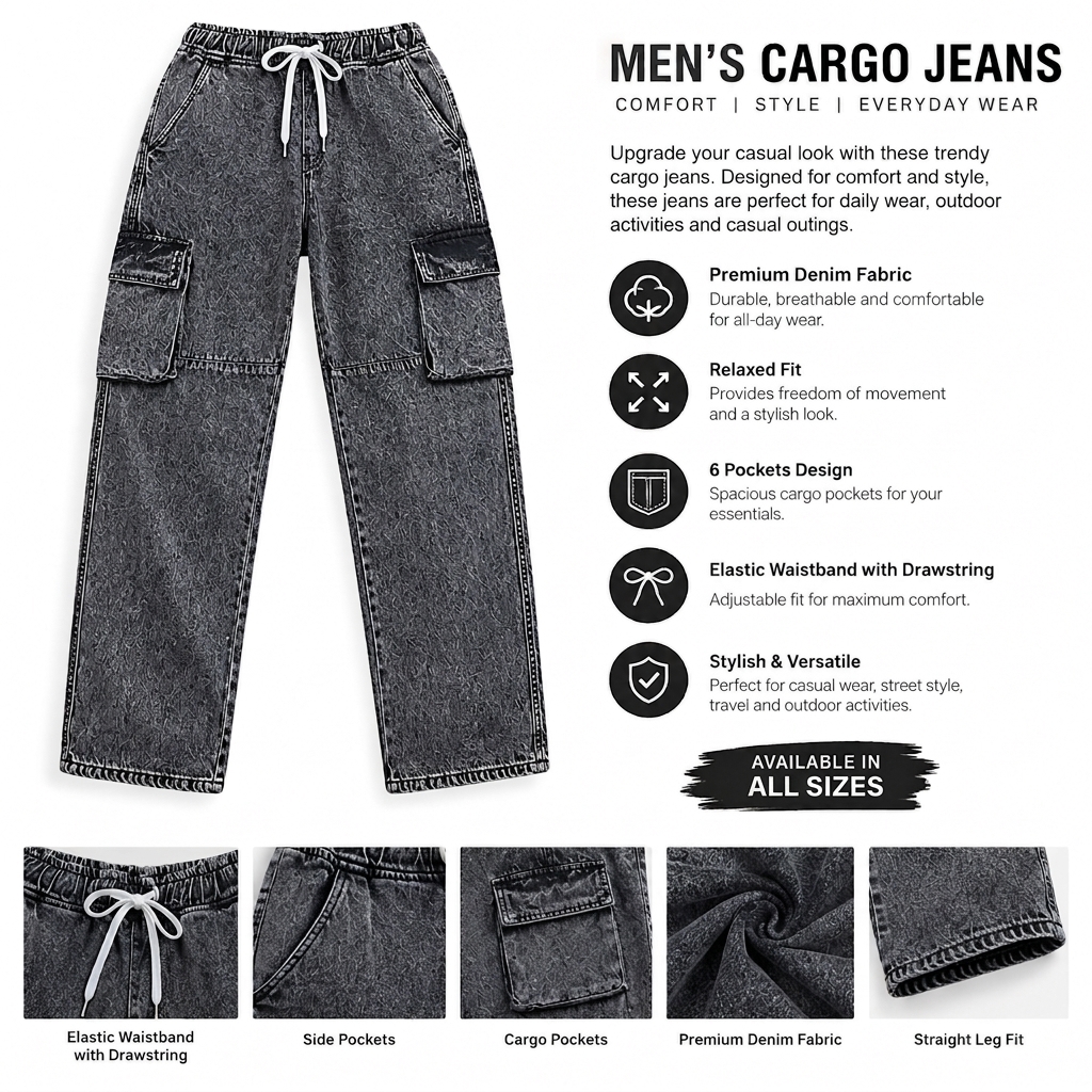 Grey Baggy Cargo Jeans Acid Wash for Men & Boys – Loose Fit Multi-Pocket Denim Trousers