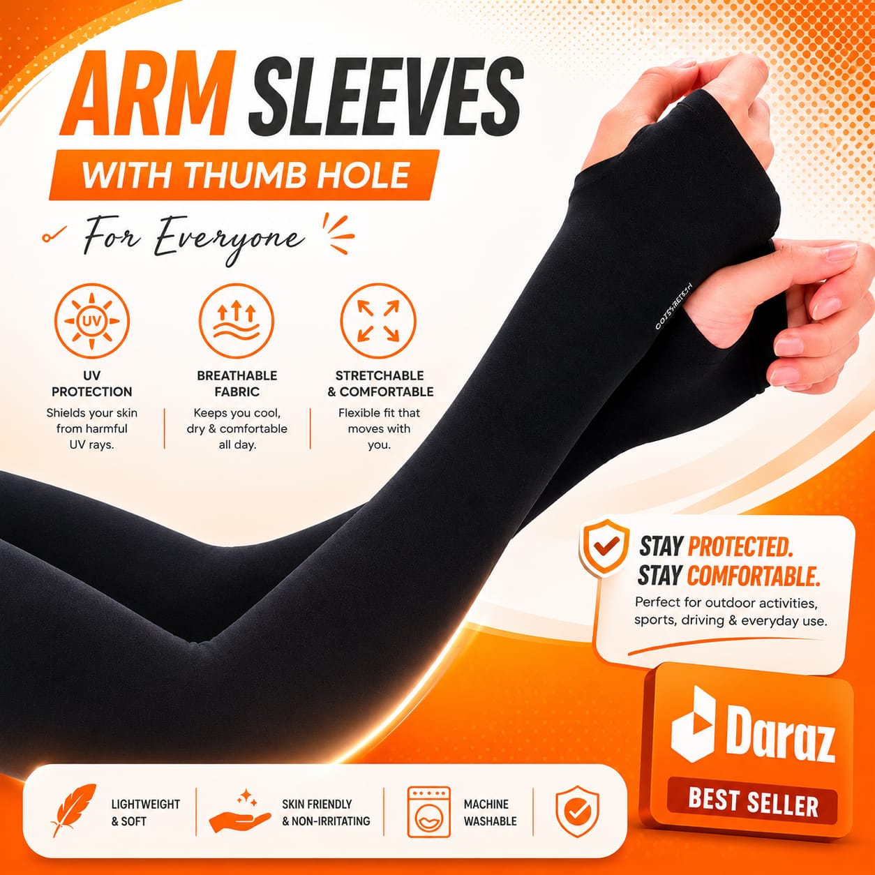 1 Pair Sleeves With Thumb Whole Free Size for Sun Block Anti Slip Summer Outdoor Riding Sunlight | Arm Sleeves | Thumb Sleeves | Sleeves for Girls | Sleeves for Boys Sports UV Sunscreen Protection Running Cycling Driving Sleeve
