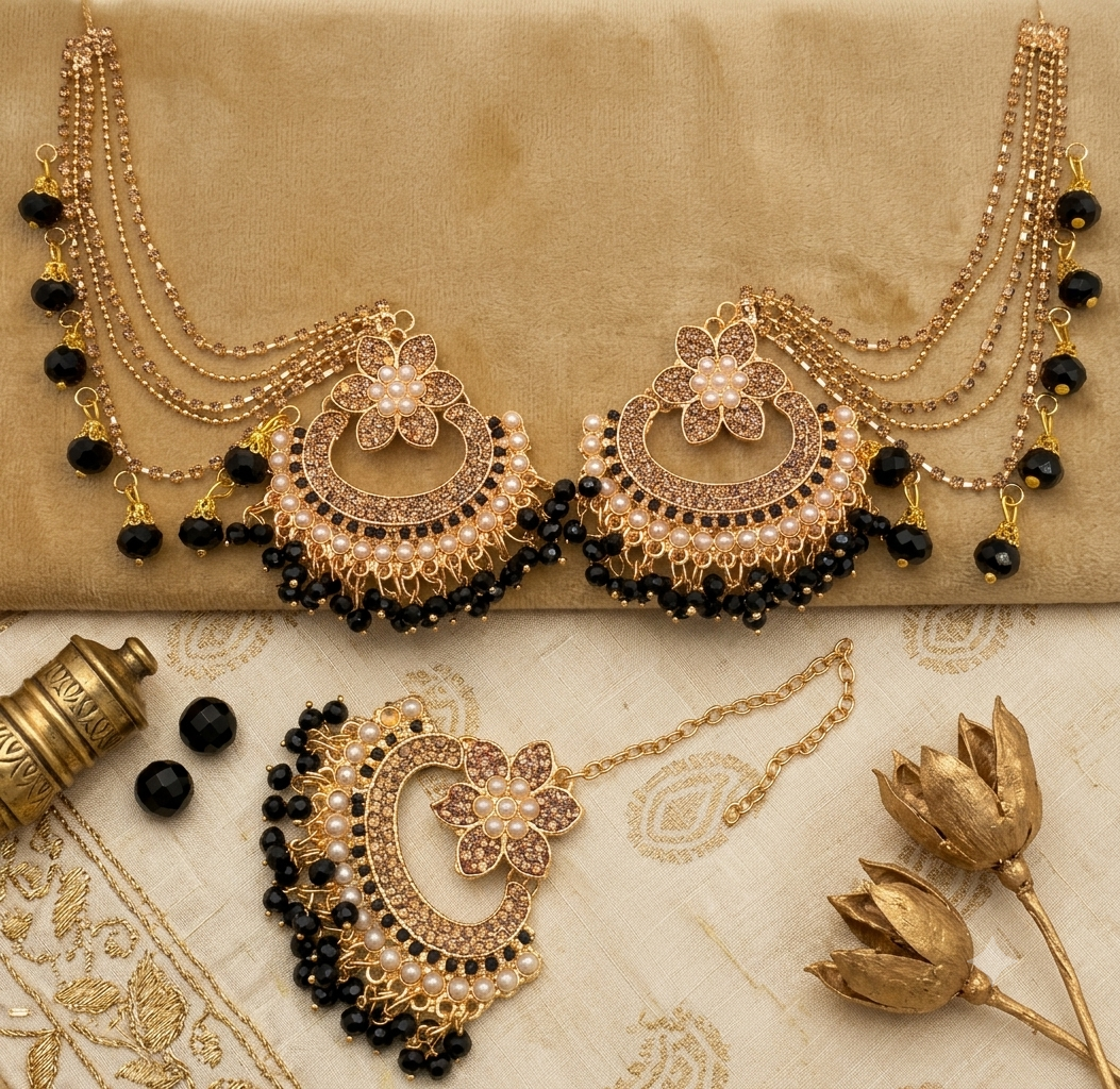 Artificial Pearl Golden Ear Rings With Tika Beautyfull Bahubali Pearl Sahara Long Lasting Polish For Beautyfull Girl Artical 5437432