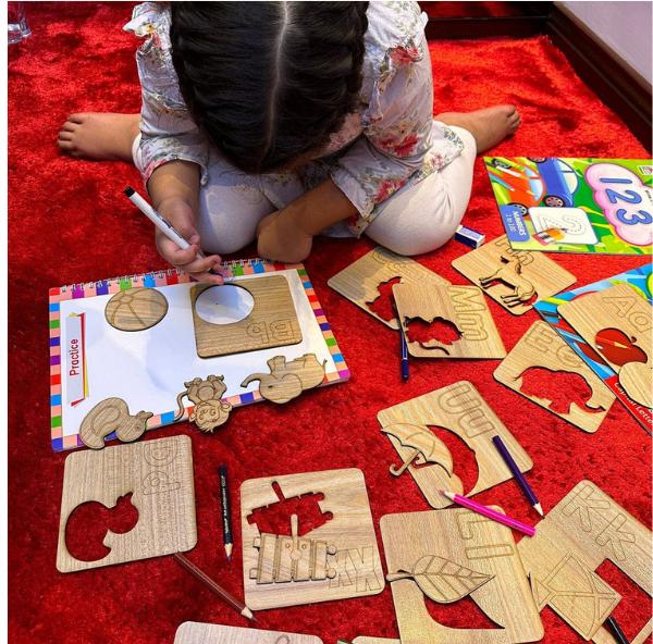 Kids Wooden Drawing Stencils English/Urdu/Mathematics Alphabets Learning Puzzle Toys (A to Z complete)