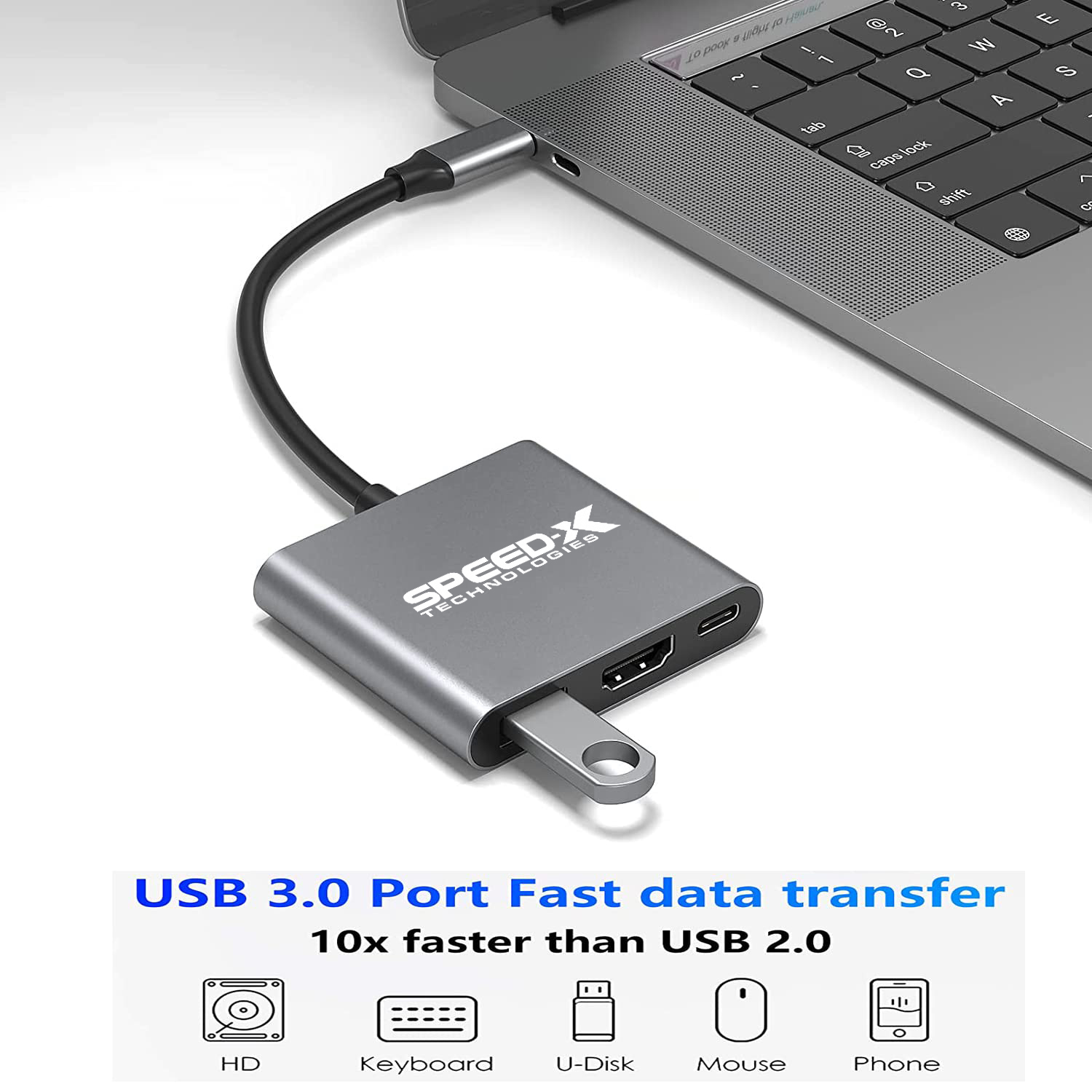 SPEED-X Type C 3.1 To OTG + HDMI + USB3.0 / Type C to 3 In 1 Convertor / Type C to 4K HDMI 3 in 1 Multiport Adapter / USB C to HDMI Converter with USB 3.0 Port and Type C PD Charging Port for Macbok / Chromebook Pixel and More Type C Laptop(high quality)