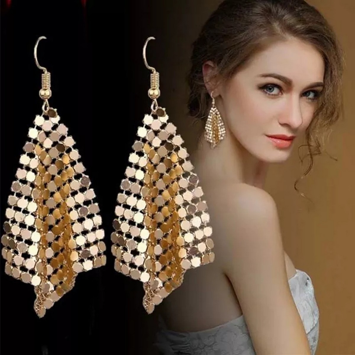 Stylish Mesh Sequin Long Earrings For Girls - Shiny Drop Dangle Earrings For Women - Sequins Geometry Earrings for Girls - Trendy Fashion 2021 - Imported Golden and Rose Gold Color