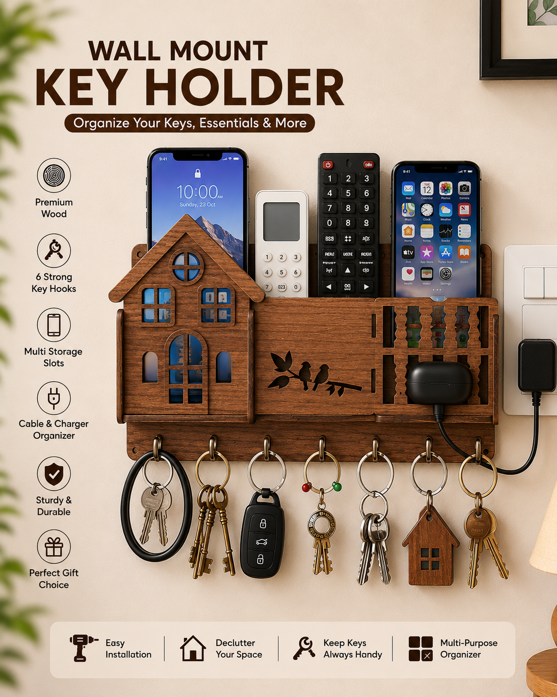 3D Home Decorative Wooden Organizer- 3D Wooden Phone Stand with Key Hooks - 3D Wooden Mobile Stand for 3 Phones - Wooden Holder for Phone, Keys, and Accessories - Wooden Organizer with 7 Steel hooks Tasbeeh Holder Remote Cover Rack Mobile Charger Holder