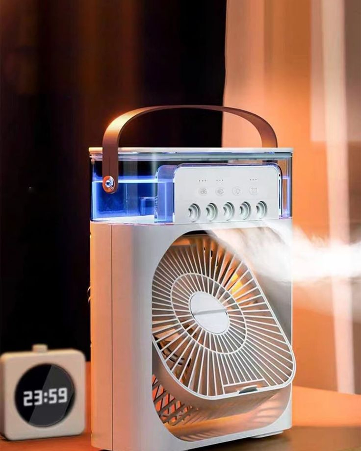 Portable Air Conditioner Fan Mini Evaporative Air Cooler USB Rechargeable Humidifier Cooling Fan with 7 Color LED Light 600ML Water Tank 3 Wind Speeds & 3 Mist Modes
