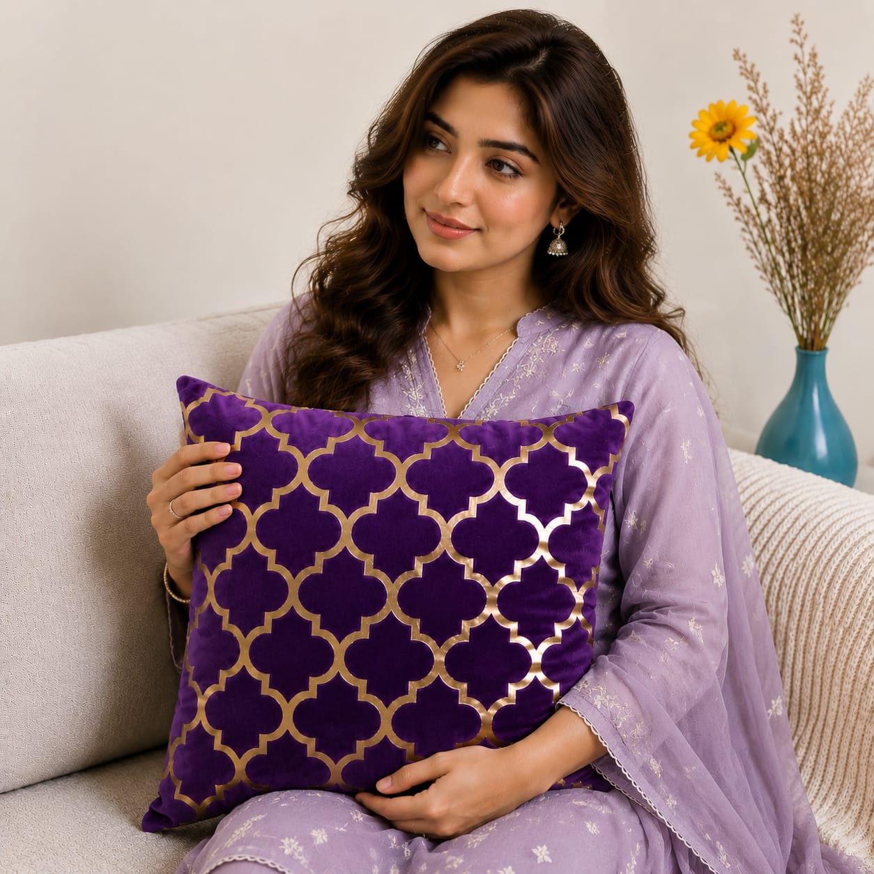 Elegant Geometric Pattern Velvet Cushion Cover 16x16 Inch Home Decor