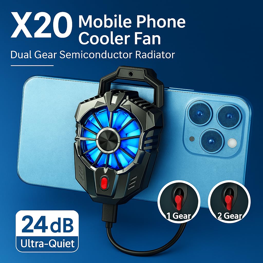 X20 Universal Mobile Cooling Fan Game Plugin Silent Radiator Phone Cooler System RGB Lights Dual Gears Two Speed Modes | Adjustable Portable Heat Sink Gamepad Trigger Holder Semiconductor USB Phone Radiator | For Gaming PUBG FREEFIRE