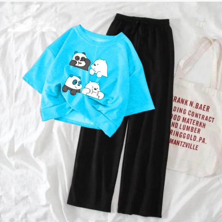 New Women's Cartoon Print Crop Top and Flapper Trouser Set - Comfortable Fashion Top & Wide Leg Pants