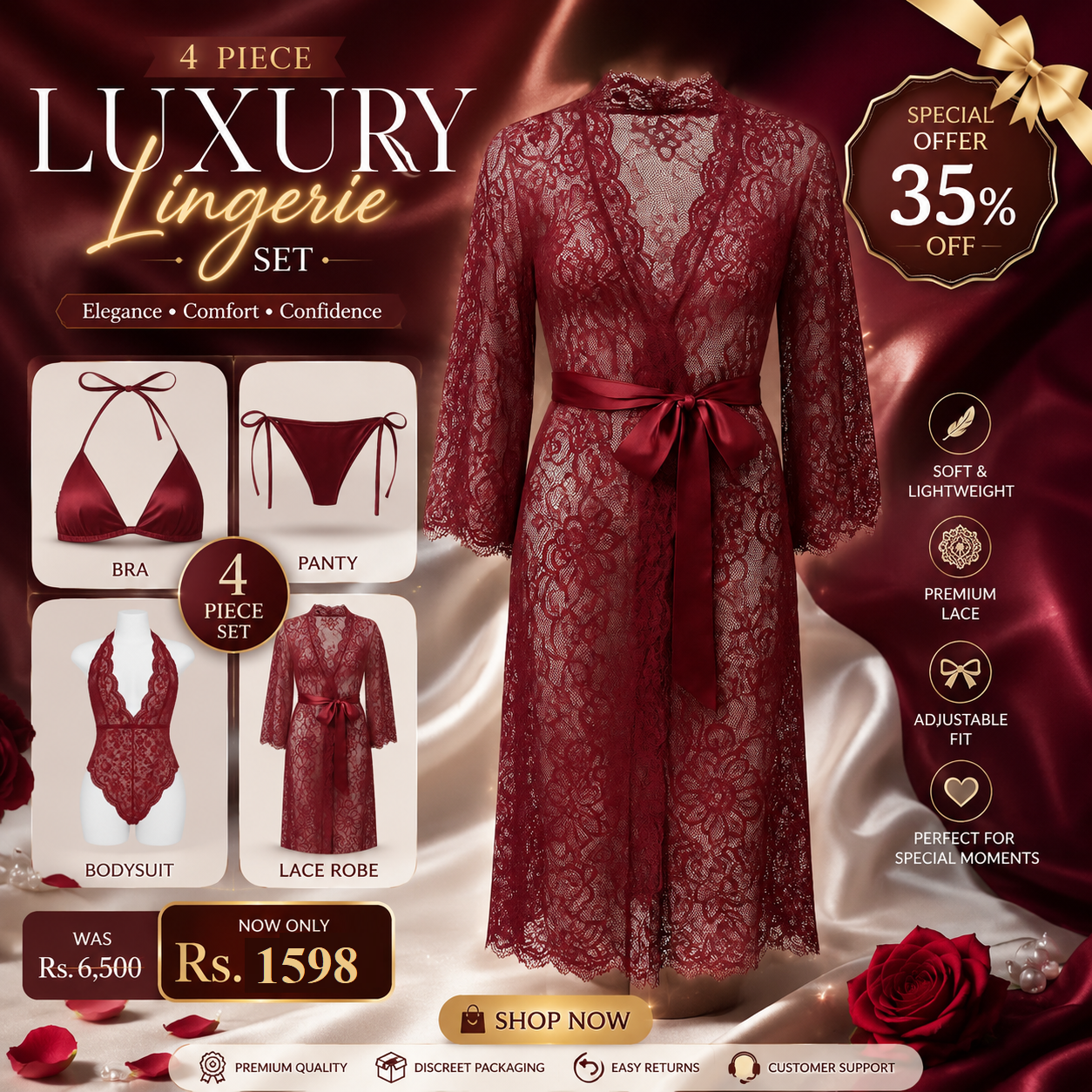 4 Pcs Bridal Net Silk Nighty Set – Gown with Bikini Set & Inner 4 Pcs - Nighty Beautiful Bridal / Hoot Saxy Silk Long Gown / Bridal Night Suit / Nightwear / Sleepwear / Night Dress with Bikni set Hot Saxy Long Nighty with Eye Mask - Maroon