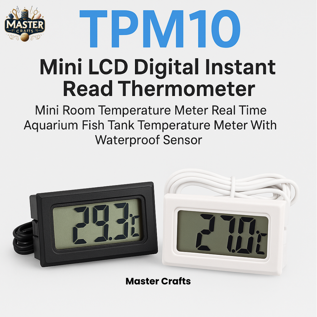 Master Crafts | TPM10 Mini LCD Digital Thermometer | Instant Read Temperature Meter with Waterproof Sensor | Aquarium, Fish Tank, Room Use | Black/White