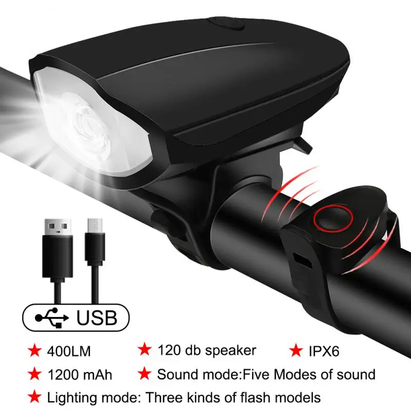 Rechargeable Bicycle Front Light With Loud Horn 5 LED Bike Headlight USB Flashlight Waterproof Cycling Accessory | dollar shop 1