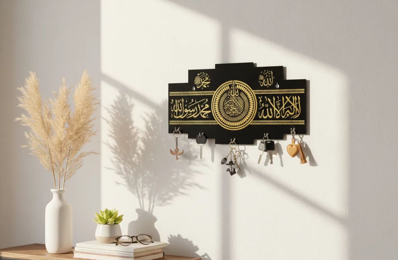 Islamic Wooden Key Holder with Arabic Calligraphy | Kalma Key Rack | Islamic Home Decor Wall Hanging | Unique Eid Gift for Muslims Islamic Wooden Key Holder with Kalma Calligraphy – Black & Gold Wall Hanging Key Organizer with Hooks