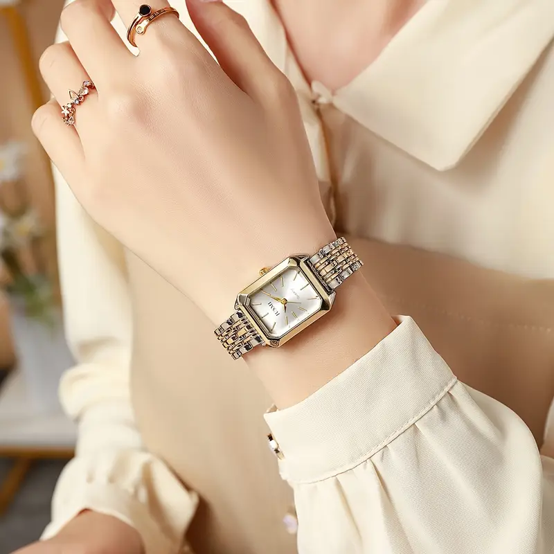 Elegant Women’s Quartz Watch – Golden-Tone Alloy Band, Square Dial, Minimalist Design with Date Display | Perfect Gift