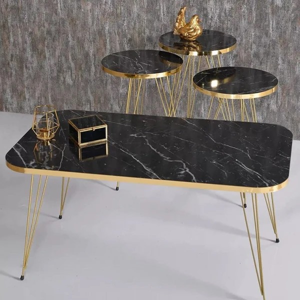 YES TO DECOR 4 PCS, Rectangular Coffee Table Set of 3 Modern Round Nesting Coffee Black Marble Table Set (Set of 4) Top Metal Legs 3 Table Set – Black Goldy Nesting nique Shapes, Luxury Geometric Design, Glossy Finish, Durable Living Room Furniture