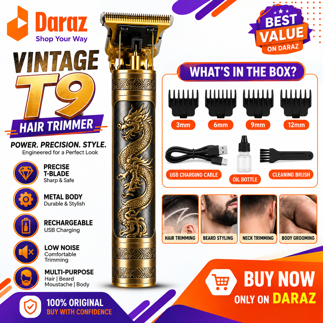 Rechargeable Cordless Hair Trimmer for Men, Long-Lasting Stainless Steel Blade, Easy-to-Handle Design, Ultra-Long Standby - Gold