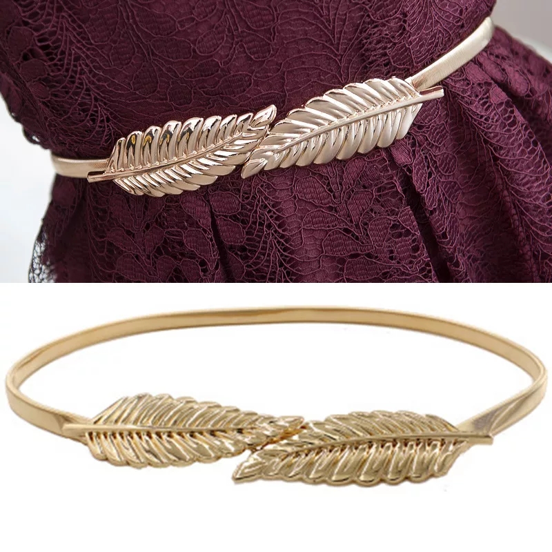 2022 New Leaf Shape Belts For Girl Women's Belt Gold Silver Leaf Elastic Metal Stretch High Waist Band Dress Cummerbund Wedding