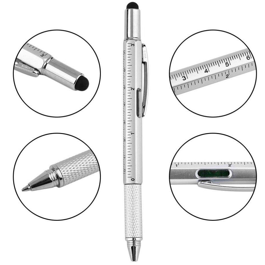 7 in 1 Multifunctional Touch Screen Stylus Ballpoint Pen with Screwdriver Spirit Level Scale Ruler Full Metal