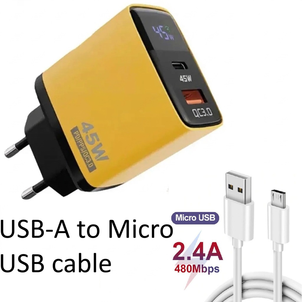 Digital Display Charger 45W Fast Adapter , LED Display Adapter, QC 3.0 | Fast Charging Brick + USB Cable | Universal Android | Rapid Charge USB Adapter | Cloudify.pk