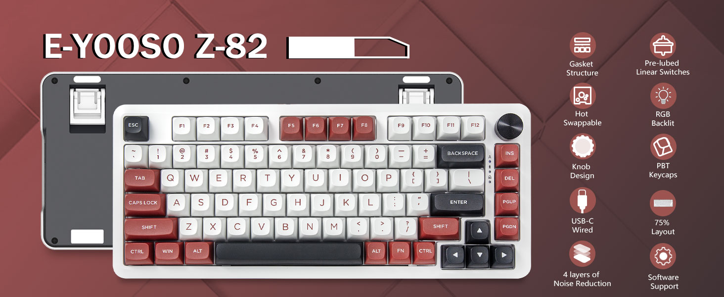 E-YOOSO Z-82 Wired 75% RGB Mechanical Gaming Keyboard, Creamy Sound, Hot Swappable Pre-lubed Linear Switches, Gasket Structure, Knob Control White Red 18 63676d5d42c9c8dbbf9cd587d4aa5c53