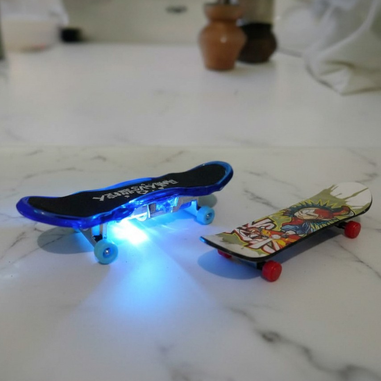 Finger skateboard Toy - 2 PCS For kids and adults with torch Decoration Piece Creative Fingertip Movement Fun Party Stress Relief Desktop Toy Buyers Finger Skate Scooter Toy for indoor Fun | Buy2Enjoy