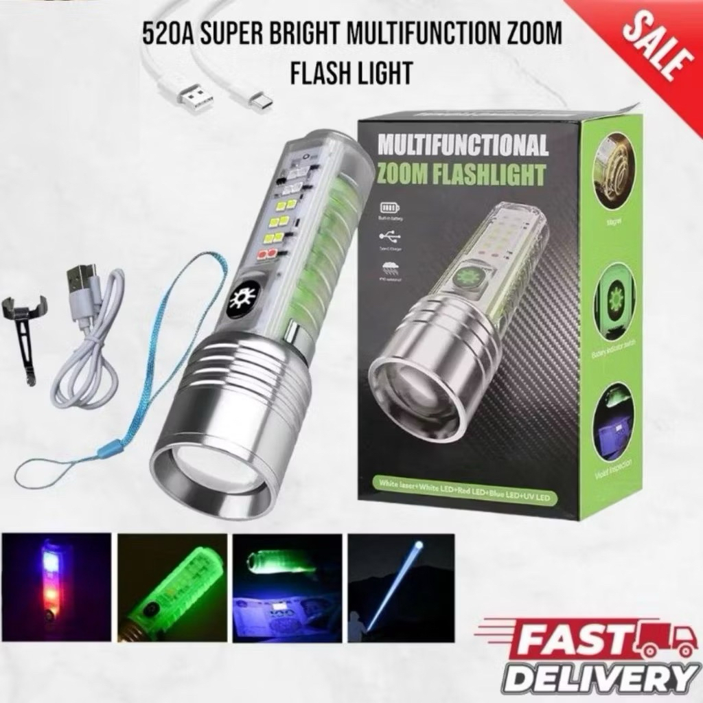 Multifunctional High Power Zoomable Flashlight Torches LED Super Bright Rechargeable High Lumens Long Range Flash Light 8 Modes Tactical Flashlight with Fluorescent Shell, Portable Hand Torch for Emergencies, Camping, Hiking