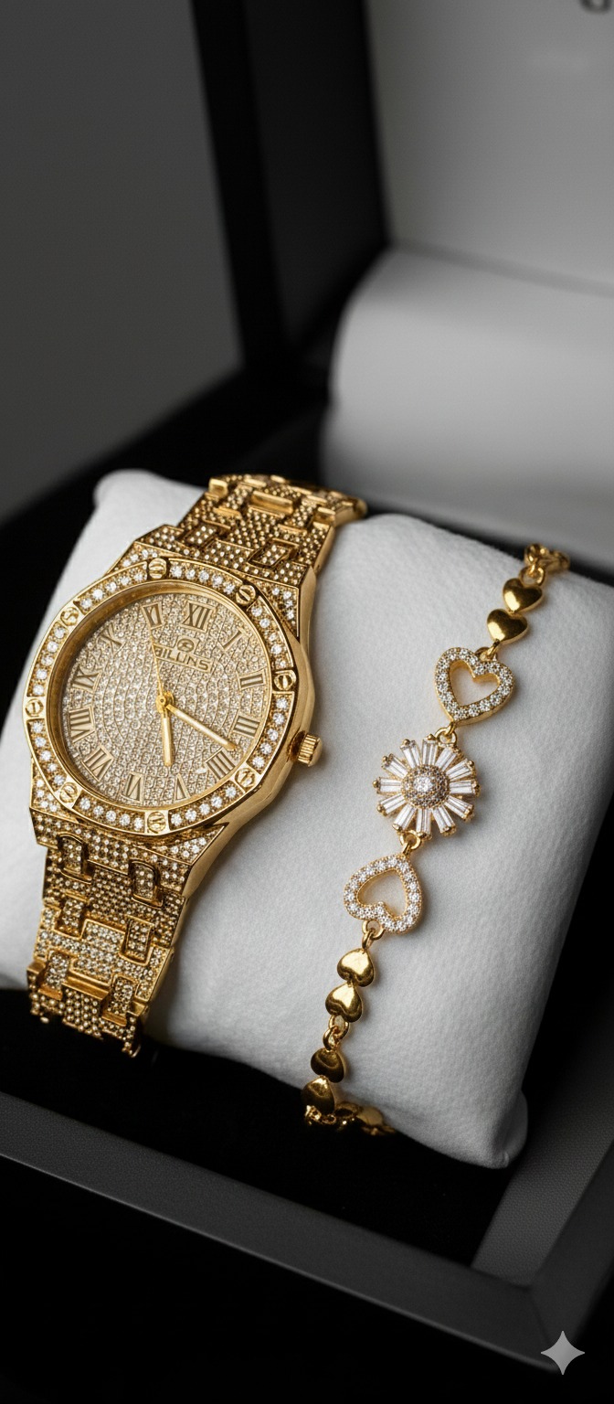 Riluns Luxury Diamond-Encrusted Women’s Watch & Matching Bracelet Set - Premium Iced Out Quartz Wristwatch for Girls - Fashion Jewelry Gift Set