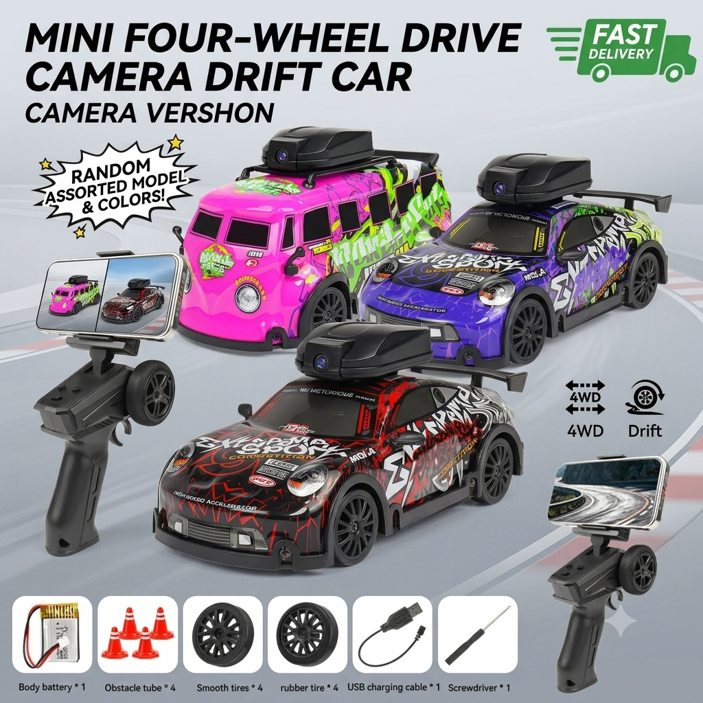 KIDDO KASTLE -  Remote Control MOKA 1:32 RC Drift Car with WiFi Camera | 2.4GHz 4WD 20KM/H High-Speed Racing Car with Replaceable Drift Tires, Road Blockers & USB Rechargeable Battery | Assorted Bus & Sports Car Models