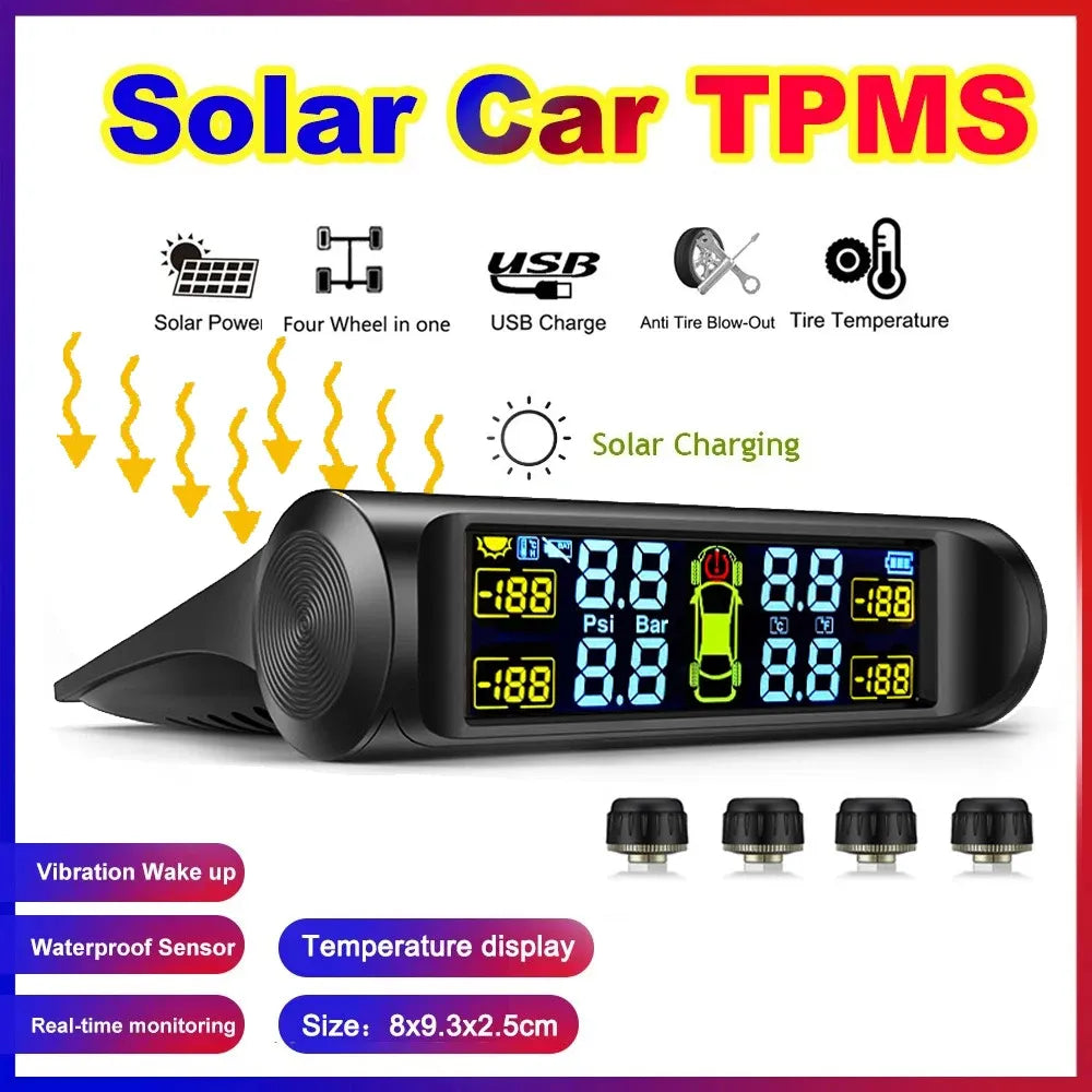 Solar Power and Rechargeable TPMS Car Tire Pressure Monitoring System Real-Time Digital Display, Wireless, Auto Alert, Universal Compatibility