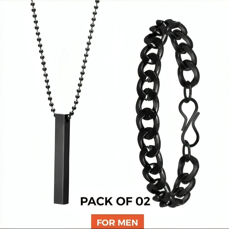 PACK OF 3 AMAZING NECKLACE DEAL FOR MEN | FASHION HIGH QUALITY BLACK BAR STICK NECKLACE + BLACK STAINLESS STEEL CHAIN BRACELET + BLACK TITANIUM STAINLESS STEEL HEARTBEAT RING FOR BOY AND MEN