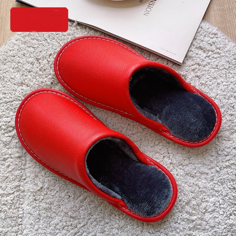 Leather Autumn and Winter Household Slippers Home Indoor Thick Bottom Non-slip Waterproof Warm Home Slipper For Men and Women