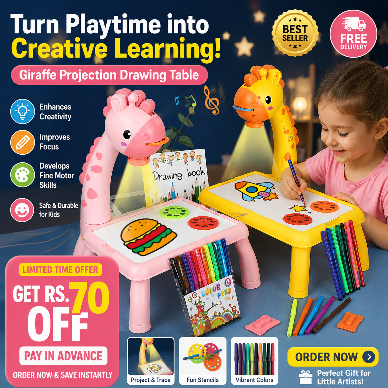 Kids Educational Giraffe Projection Drawing Table with LED Light | Music and Painting Learning Toy for Boys and Girls | Creative Art Sketch Board Set with Colorful Pens Drawing Book and Slides | Best Educational Gift for Kids 3 Plus Years