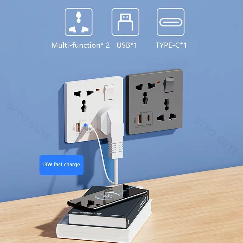 Universal 6-pin Wall Socket panel,UK Electrical Outlet with DC 5V 3A Type-c USB Charger,Mobile phone charging Type C Wall Socket