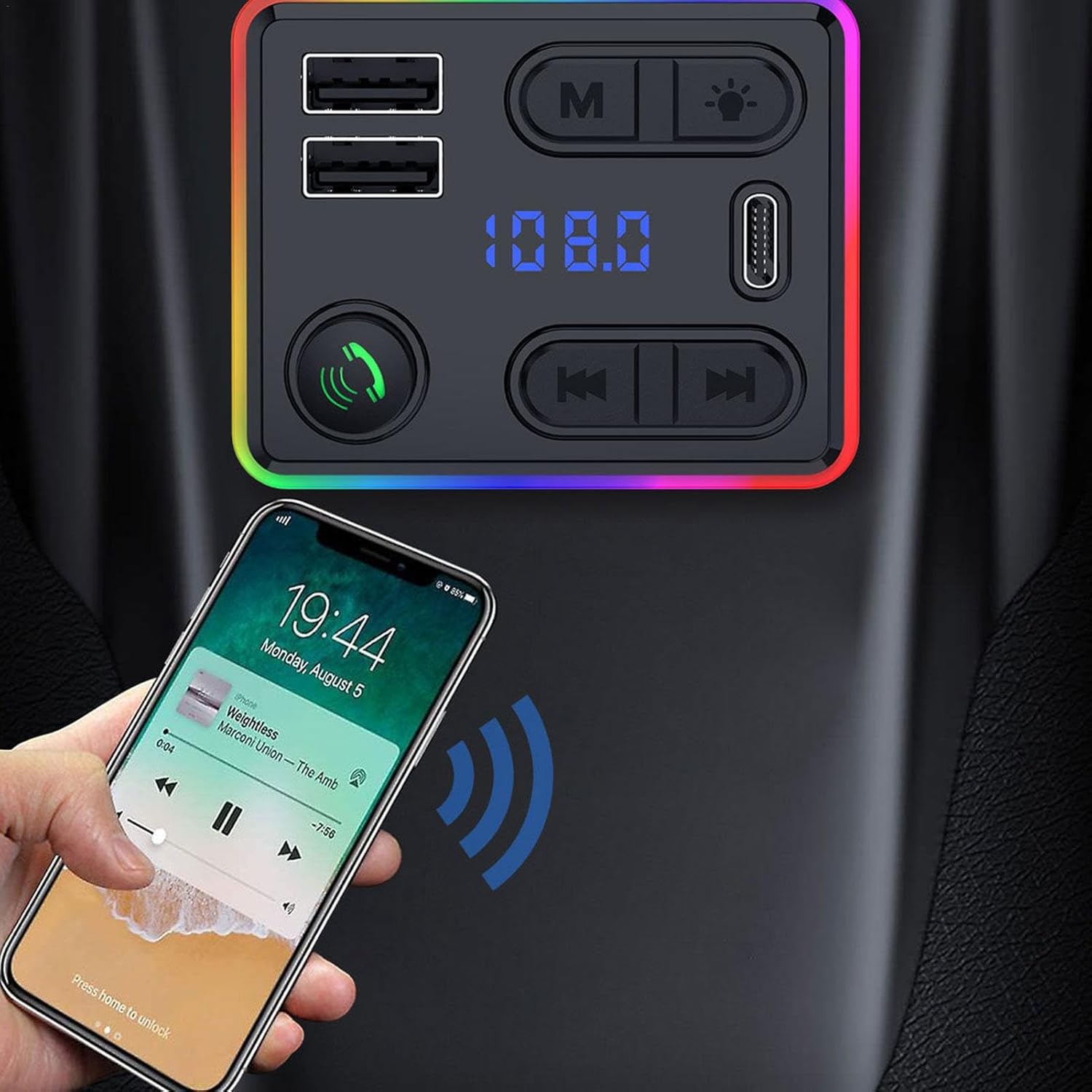 Handsfree Call Car Charger, Bluetooth 5.3 USB Car Charger Adapter FM Transmitter Radio Receiver, with Remote Control - Type-C + USB, Noise Reduction for 12-24V Vehicles, Music Playback,