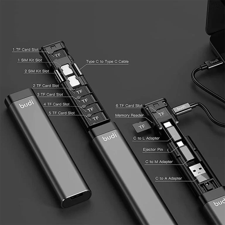 Budi 9 In 1 Multifunctional Cable Stick With Card Adaptor, Storage Box Usb Otg Converter Type C Card Reader And Cables For Travel Camera Gear Black I367478744