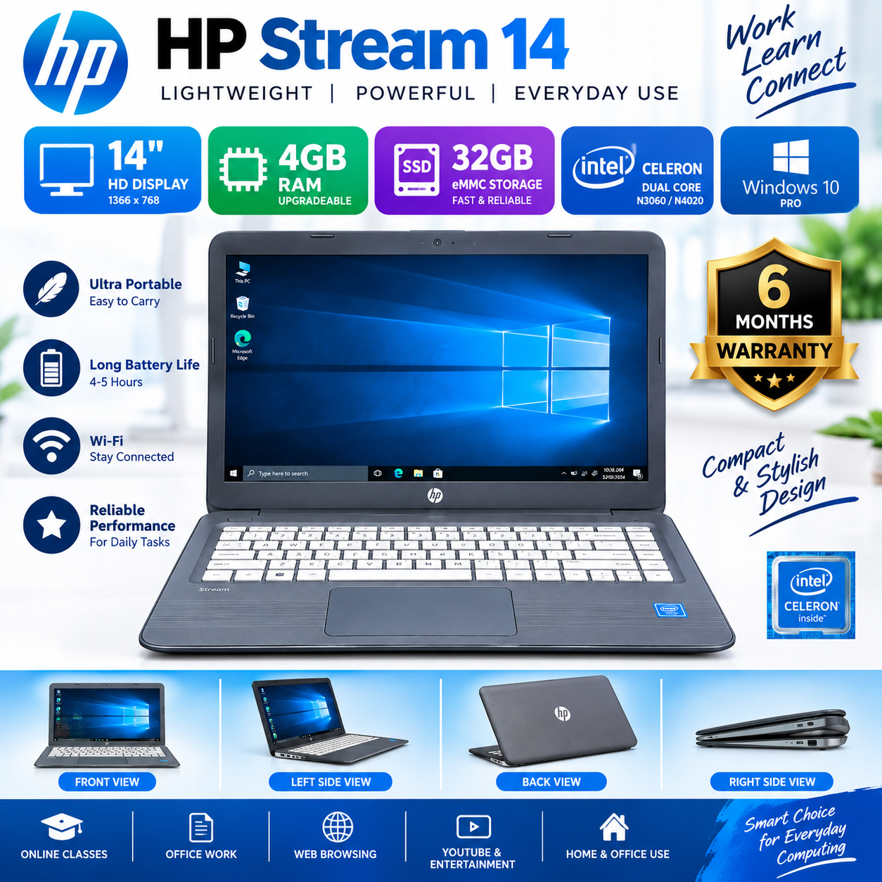 HP Stream 14 Laptop | 4GB RAM | 32GB eMMC SSD | 14" Inhes HD Display | Intel Celeron N3060 @ 1.60GHz |  Windows 10 Pro | Intel HD Graphics (Integrated) | 4-5 Hours Battery | Affordable & Reliable Dail