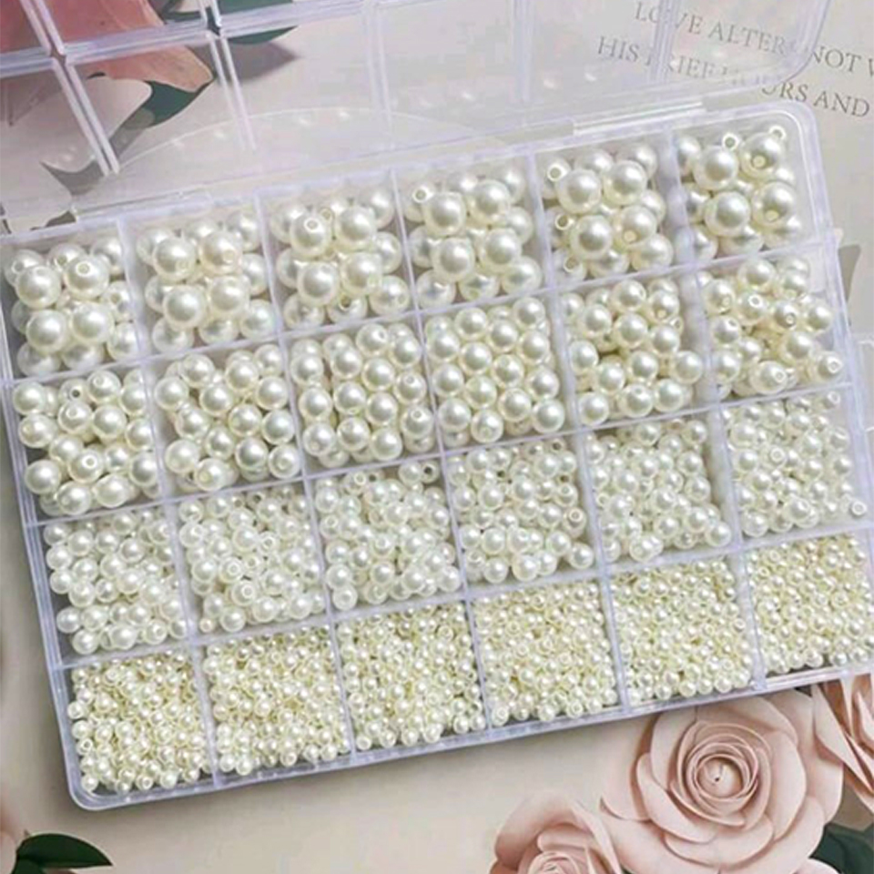 1400+ PCS Pearl Acrylic Assortment Beads for Jewelry Making – Creamy Round Imitation Pearls Bead With and Without Box in Multiple Sizes, Loose Beads for DIY Crafts, Bracelets, Necklaces & Sewing Projects