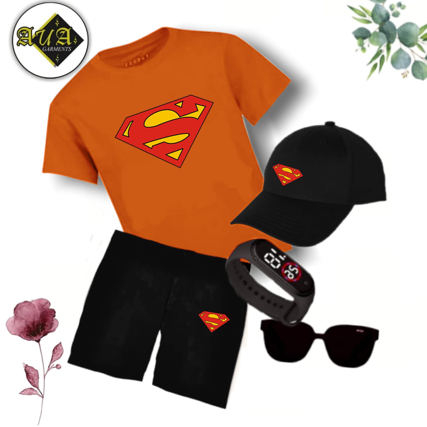 Superman Printed 5 in 1 Tracksuit Package for kids ( T-Shirt+Short+Cap+Watch+Glasses )