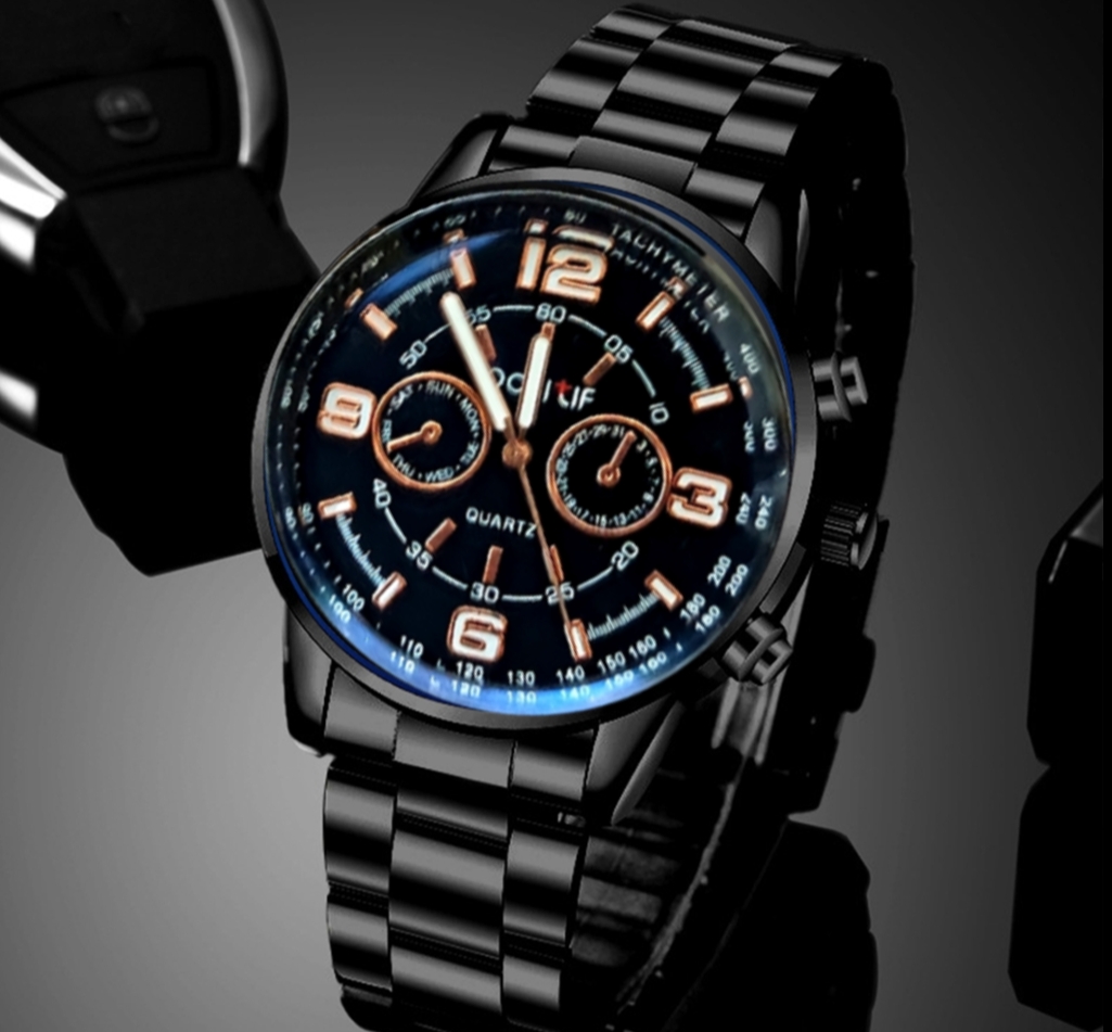 Pack of 4 Watch Set for Men Stainless Steel Fashion Watch, Bracelet, Ring and Locket Casual Business Style Black