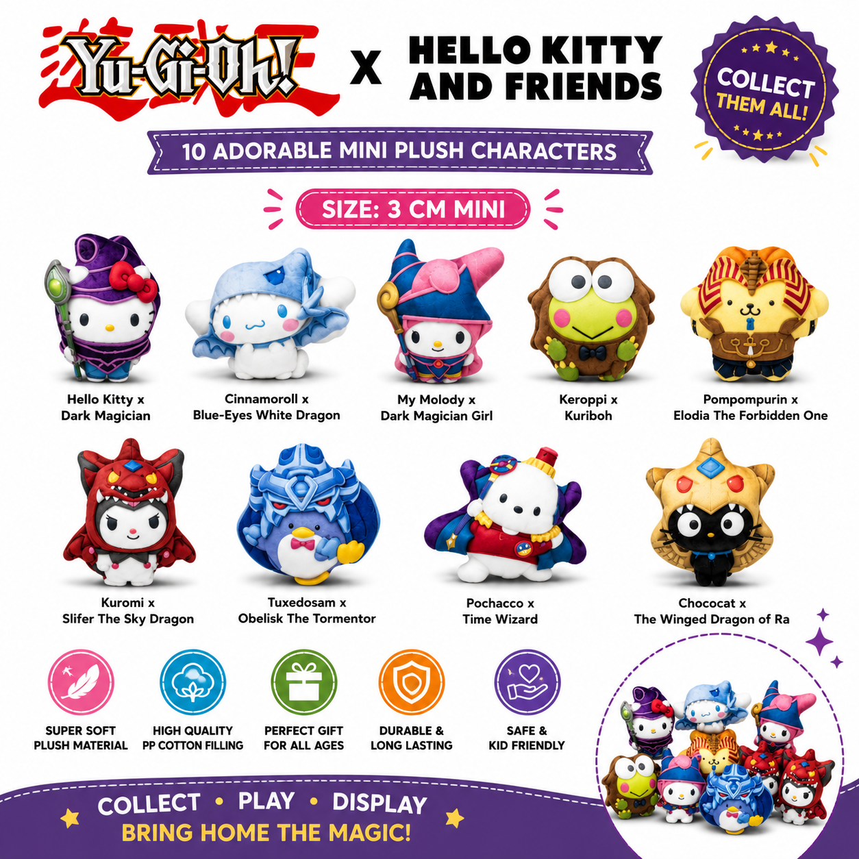Yu-Gi-Oh! × Hello Kitty & Friends Mini Plush Toy Collection 3cm | Cute Soft Collectible Plush | Multiple Character | Gift for Kids & Anime Fans