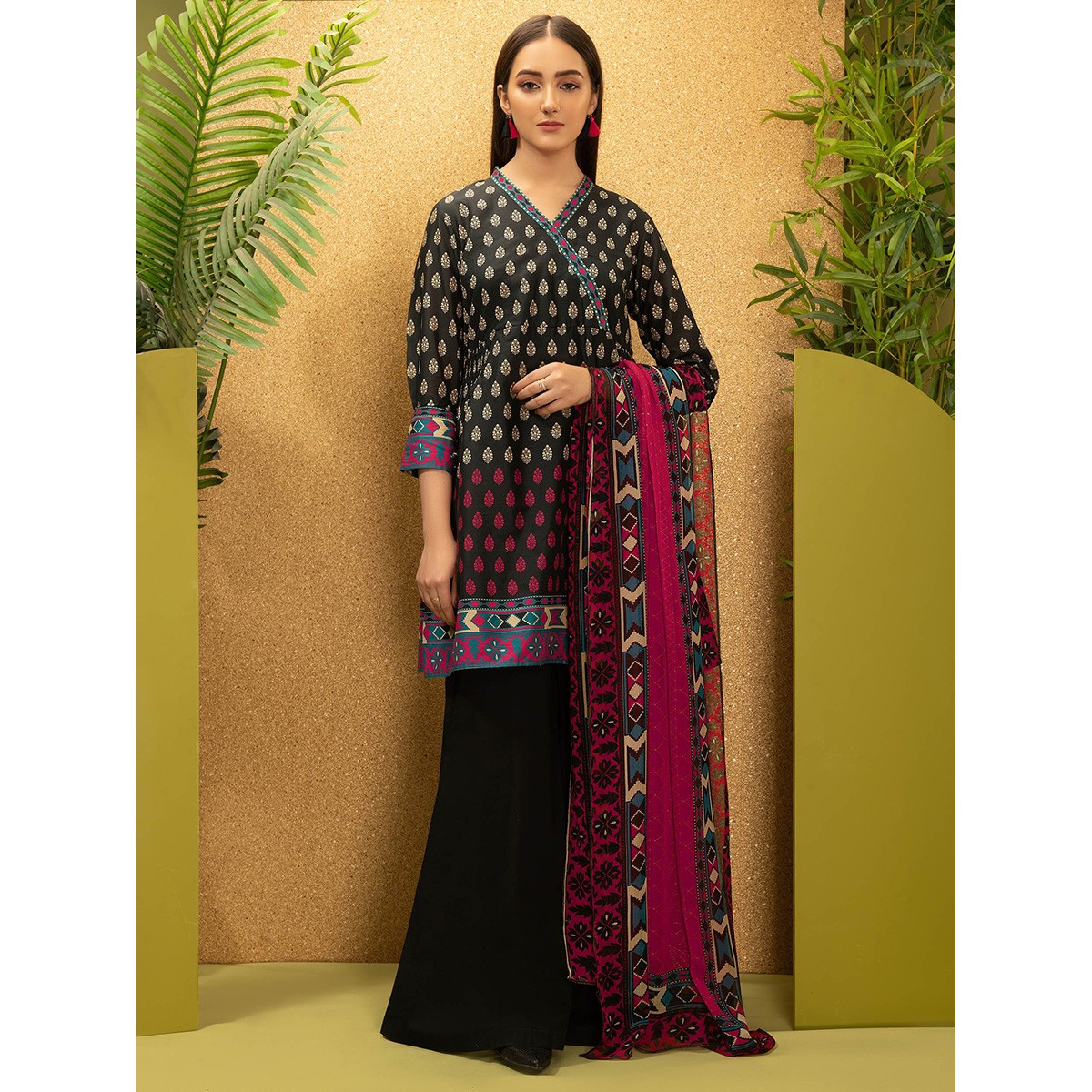 LimeLight Unstitched 2-Pc Cambric Suit For Ladies U1632SU-2PC-BLK