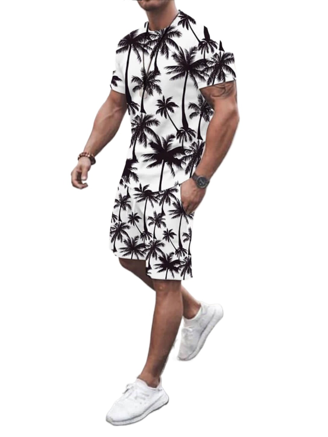 ZRK.Garments - 2 Piece Men Tree Printed White Summer Short Suit For Men