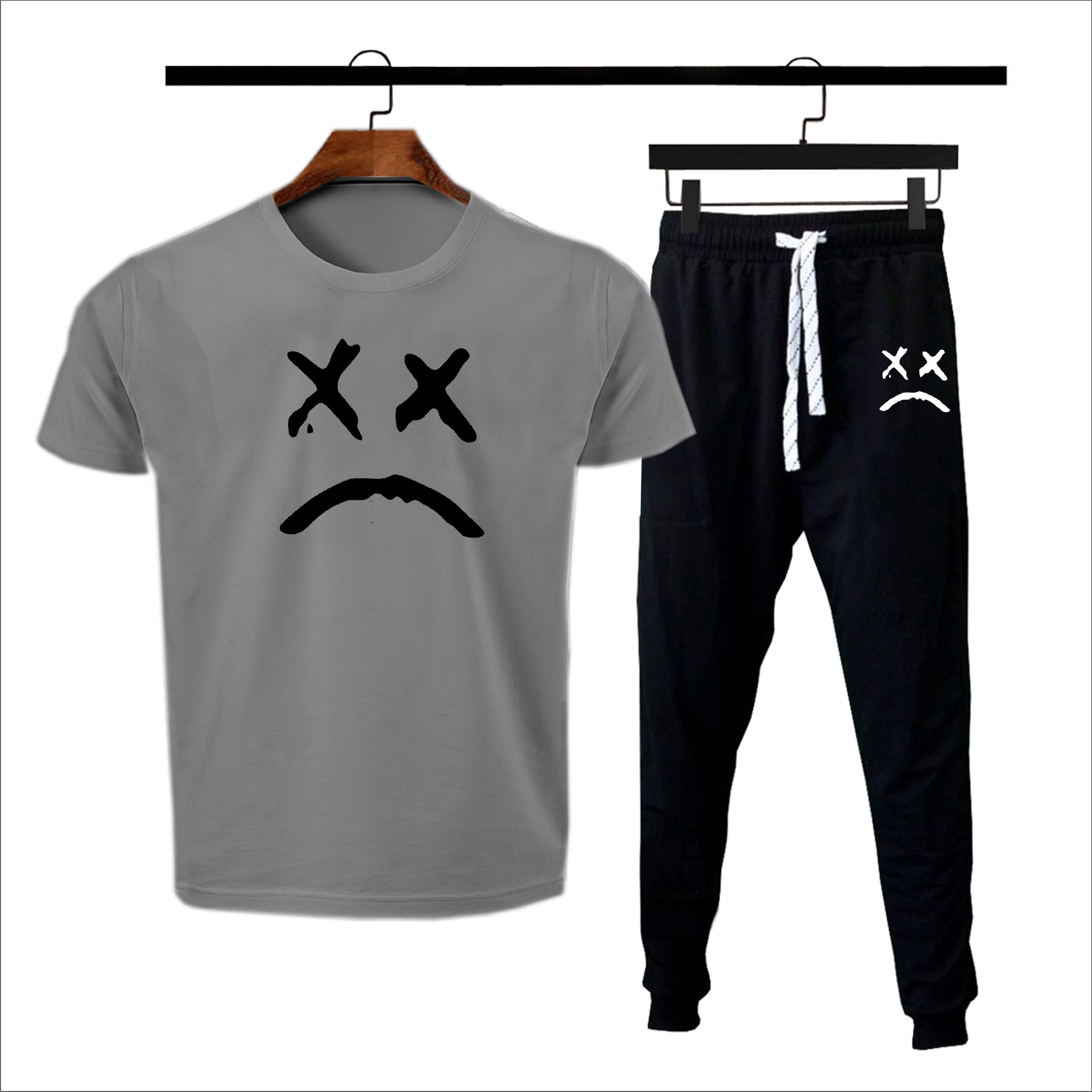 Black Sad face printed Summer Tracksuit For Men & Boys - Soft & Comfortable Fabric T Shirt & Trouser Printed Tracksuit