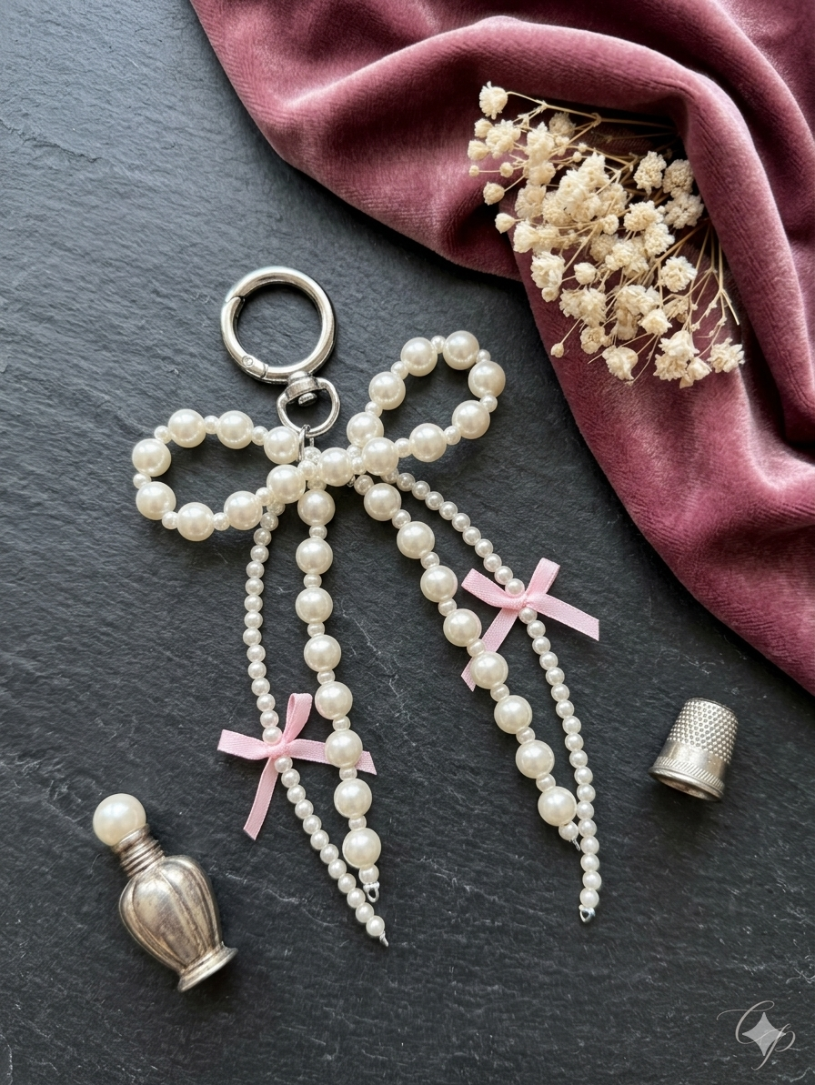 Aesthetic Pearl Ribbon Bow Keychain - Trendy Coquette Bag Charm - Stylish White Pearl Accessory - Perfect Gift for Her