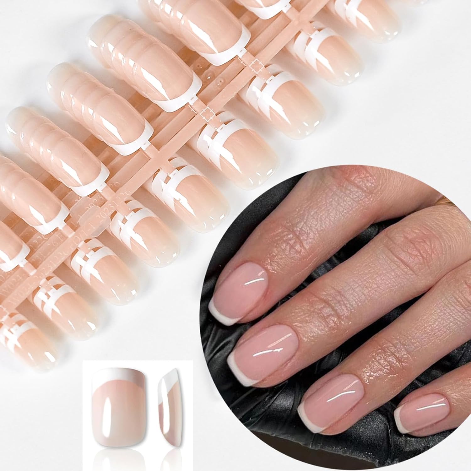 30Pcs White French Tip Press on Nails Short Square Round Fake Nail, Full Cover Glossy Nude False Nails Acrylic Glue on Nails with 5 Sheets Adhesive Tabs for Women Girls Finger Nails Design
